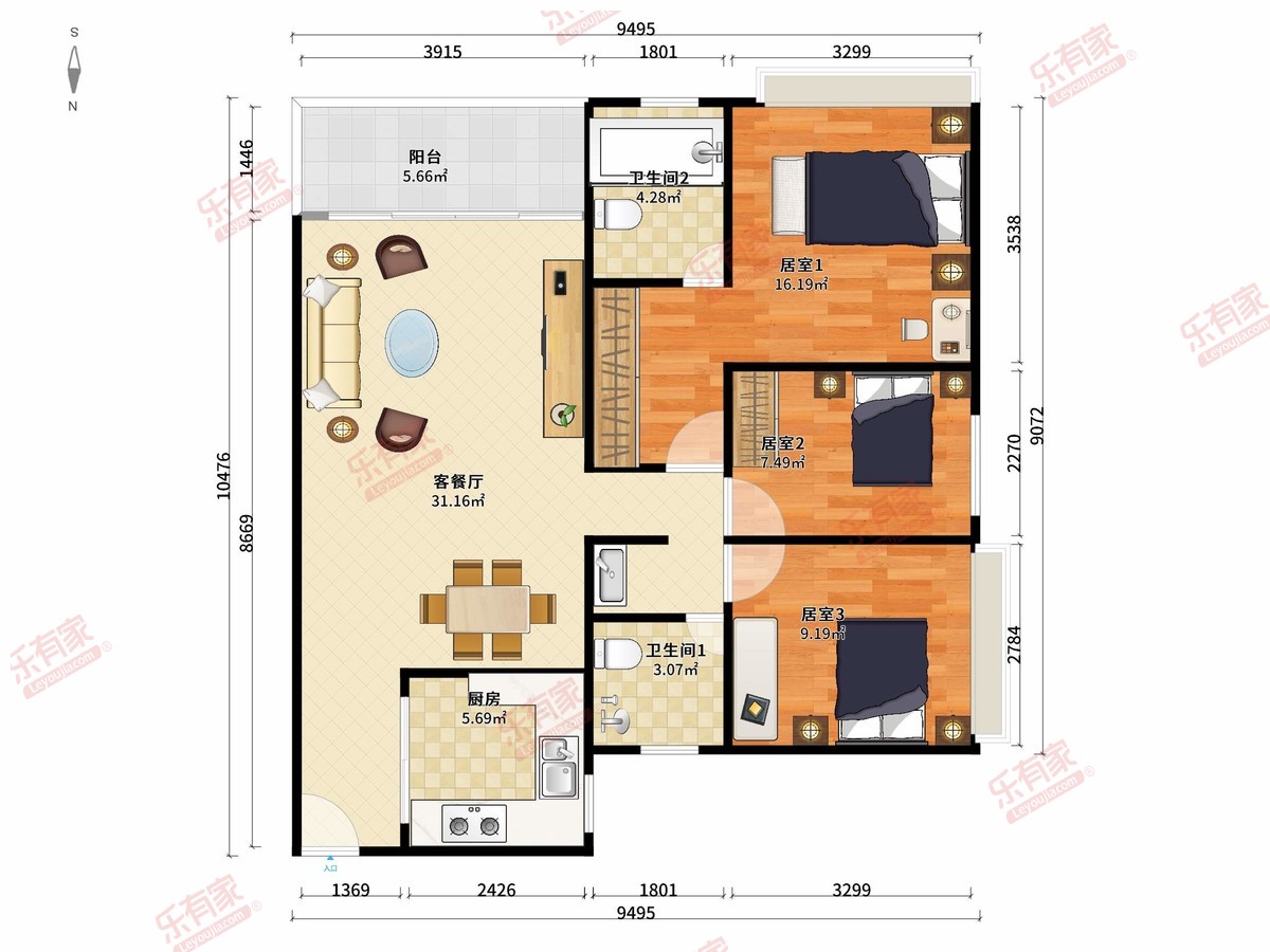 中旅银湾 3房2厅2卫1厨1阳101.0m² 南