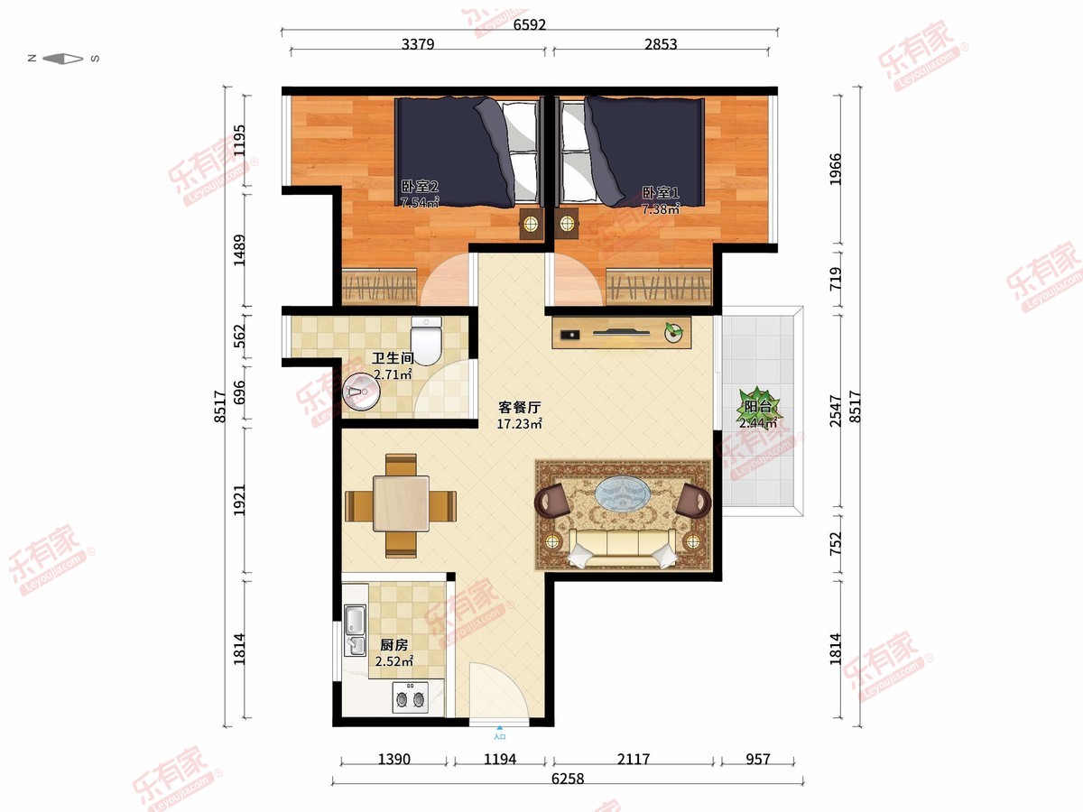 金城华庭 2房2厅1卫 61.59㎡