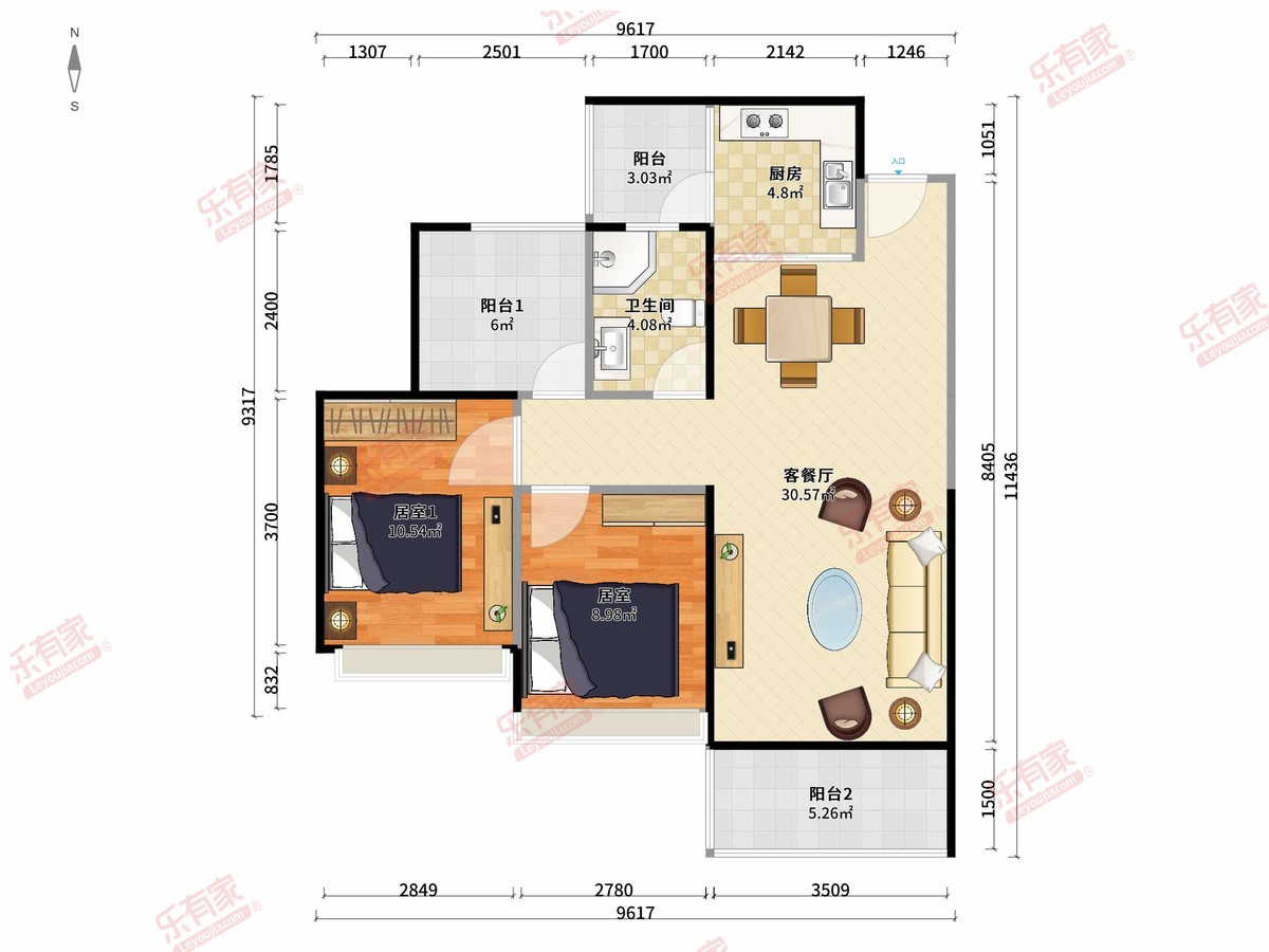 玉兰花园 2房2厅1卫1厨3阳80.0m² 南