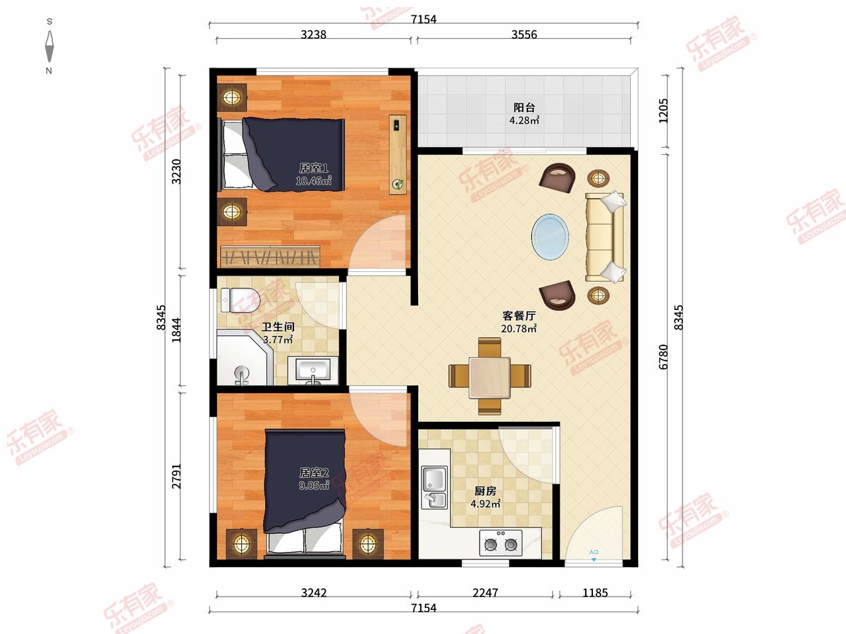 名居广场 2房2厅1卫1厨1阳70.0m² 南