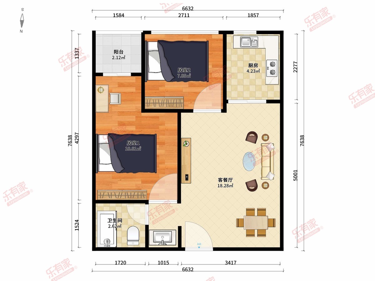 名居广场 2房2厅1卫1厨1阳66.0m² 南