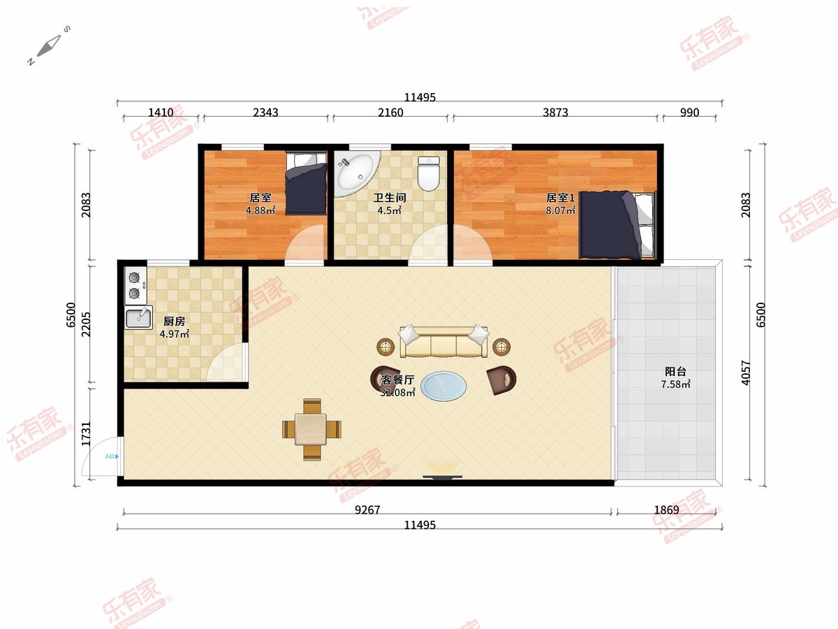 乐富里府 2房2厅1卫1厨1阳73.6m² 西南