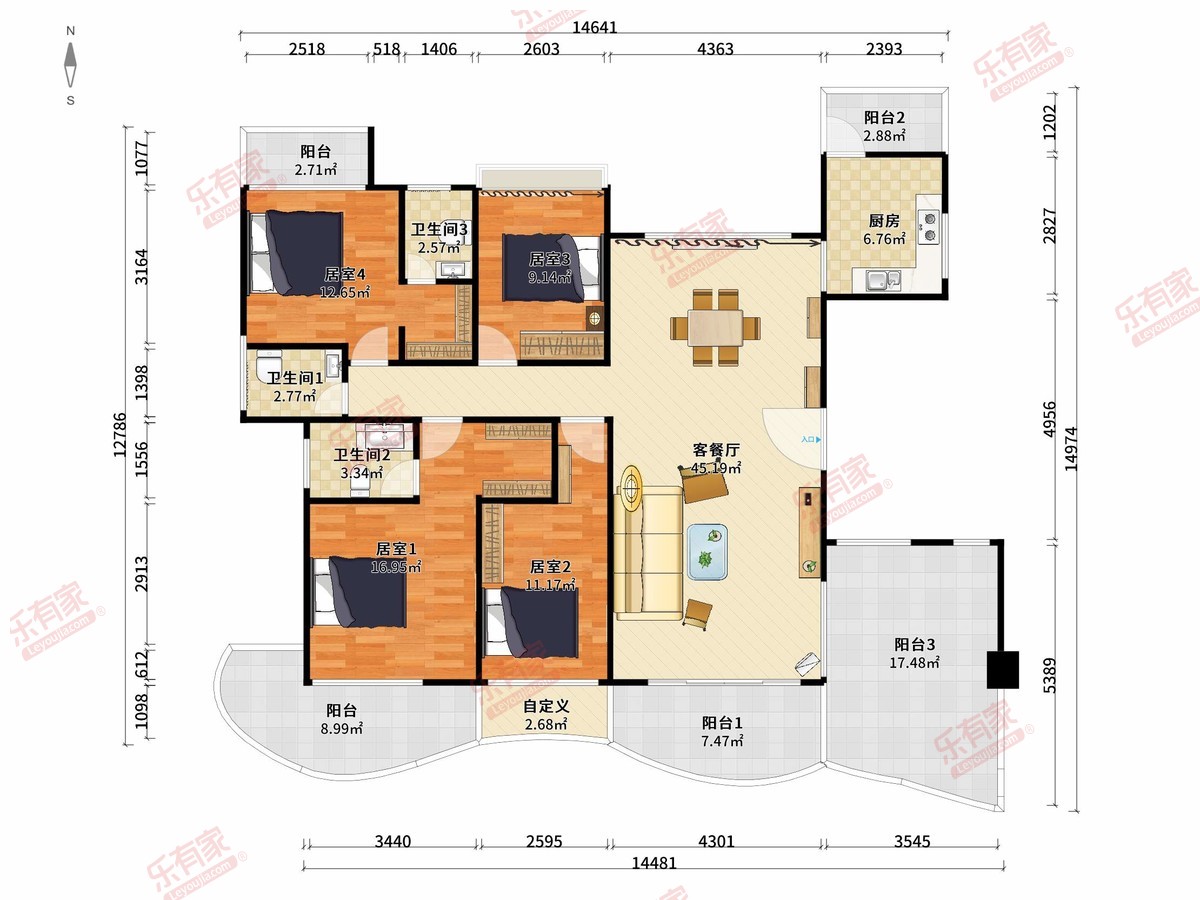 顺景壹号院 4房2厅3卫1厨5阳195.0m² 南北