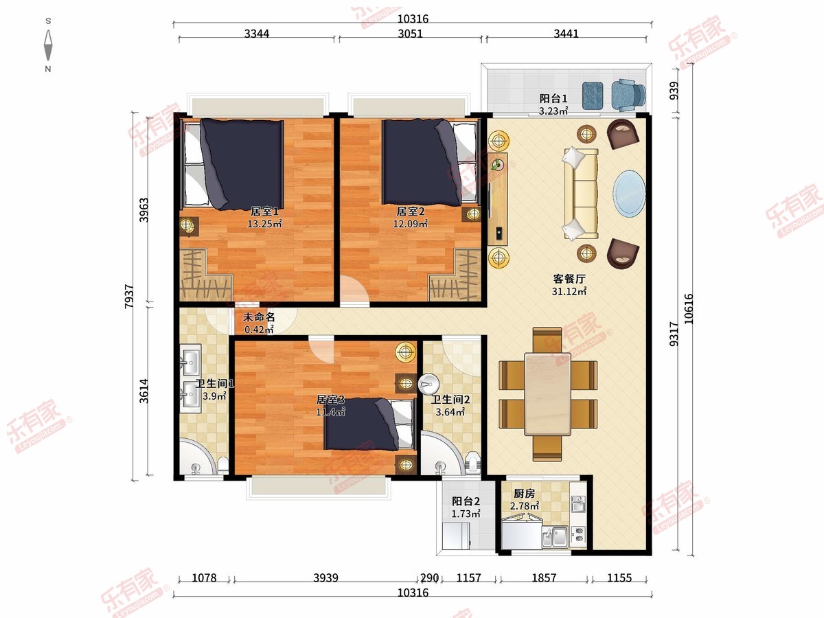 福晟钱隆华府 3房2厅2卫1厨2阳105.3m² 南