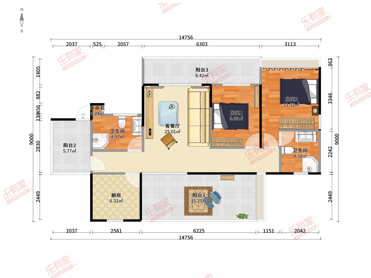 晶地里程 2房2厅2卫1厨3阳96.0m² 南