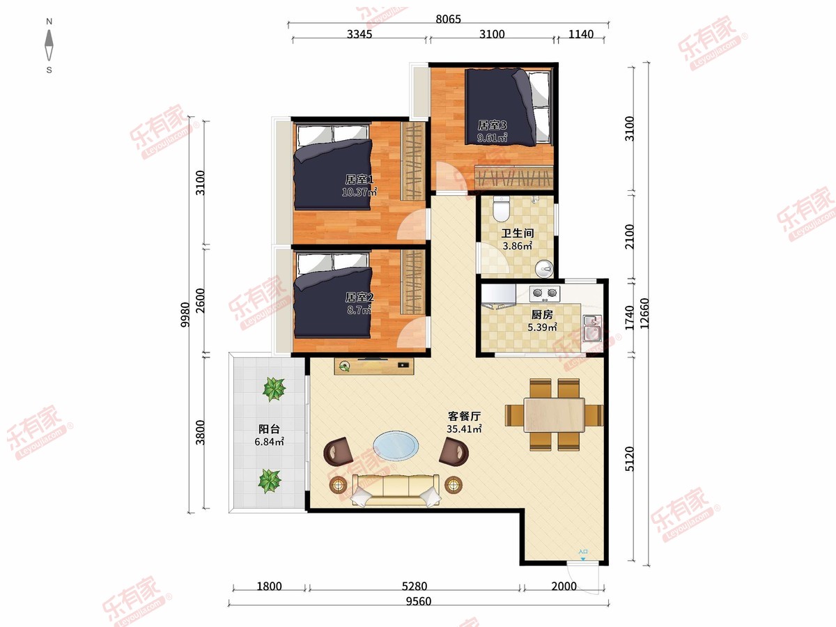 长通熙园 3房2厅1卫1厨1阳88.08m² 东