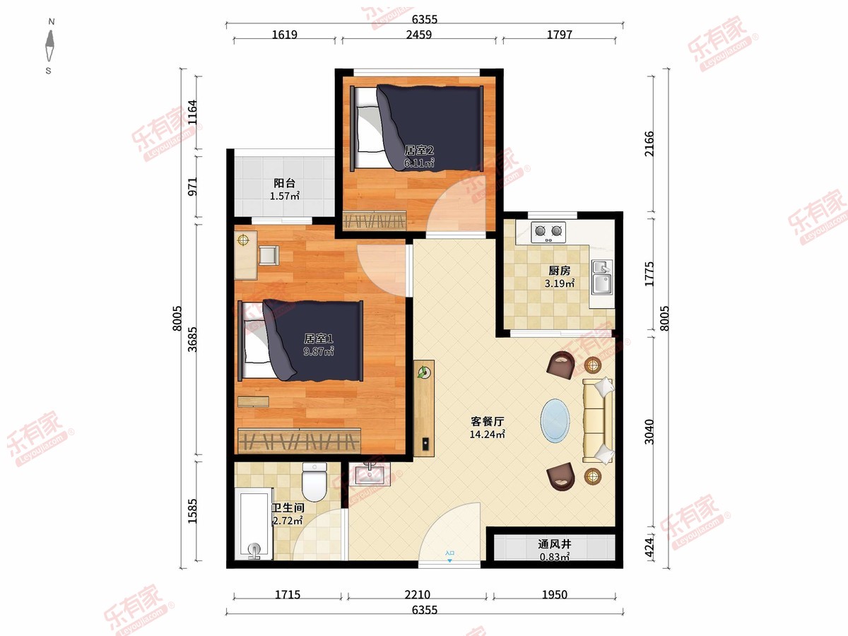 名居广场 2房2厅1卫1厨1阳57.0m² 北