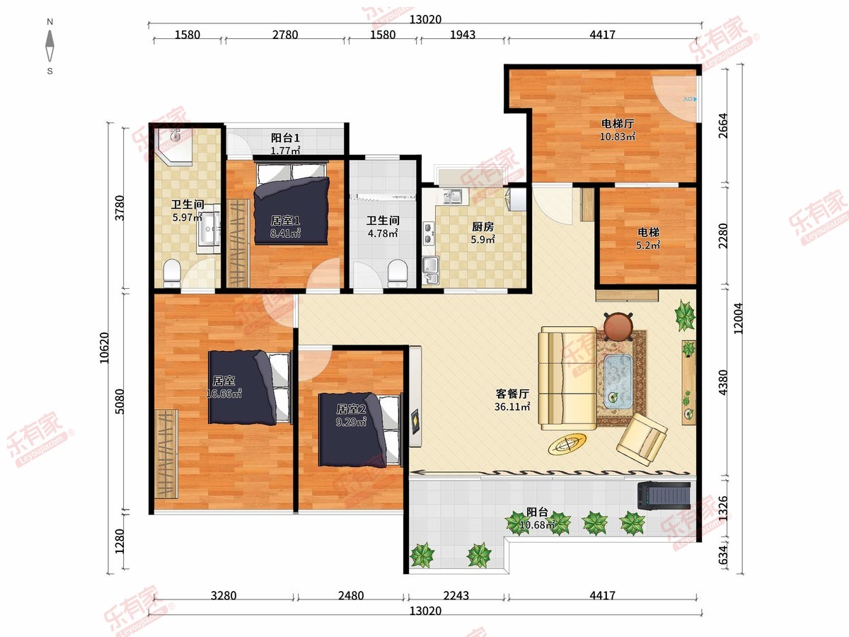 中城.宴华府 3房2厅2卫1厨2阳122.0m² 南