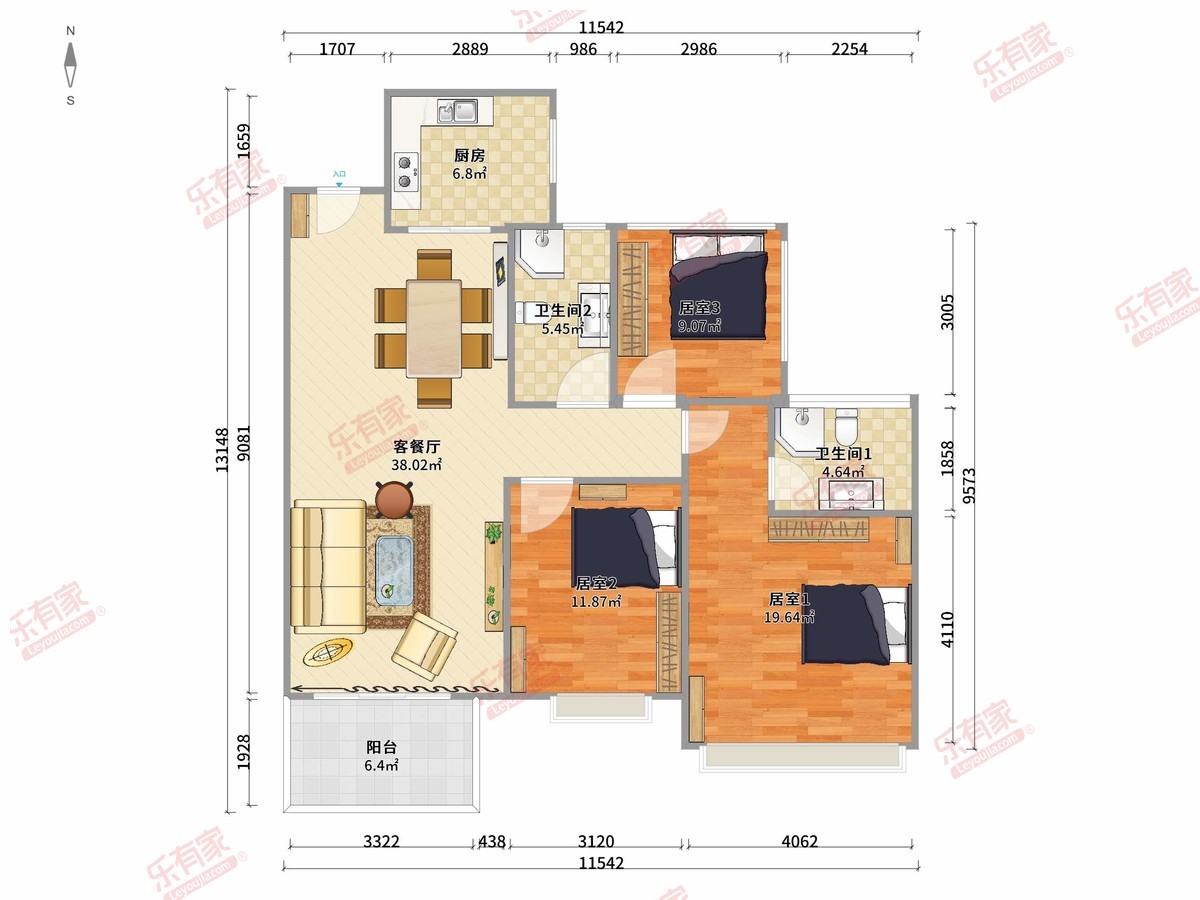 奥园园著 3房2厅2卫1厨1阳102.0m² 南