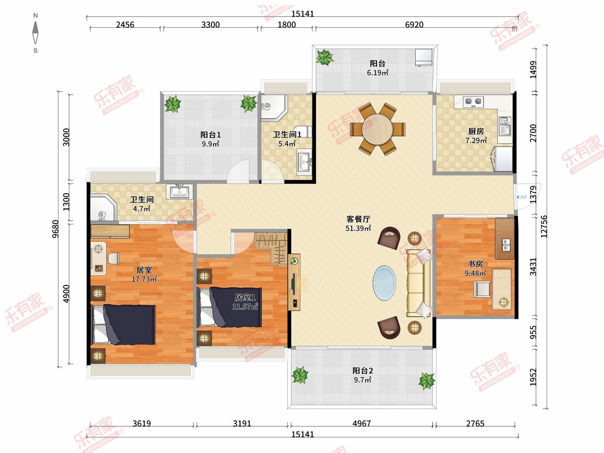 华廷悦府 3房2厅2卫1厨3阳143.92m² 南北