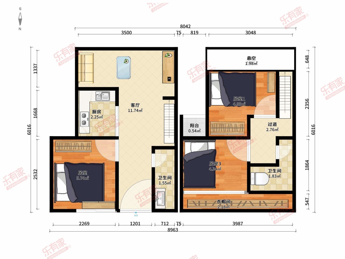 逸合中心 3房1厅2卫1厨1阳47.59m² 南