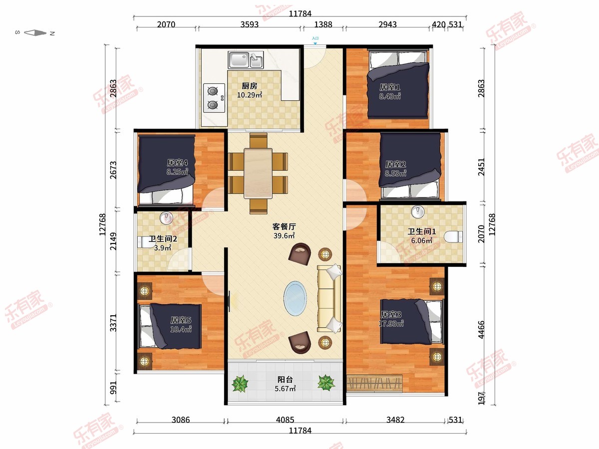 鸿荣源壹成中心花园7区 5房2厅2卫 143.38㎡