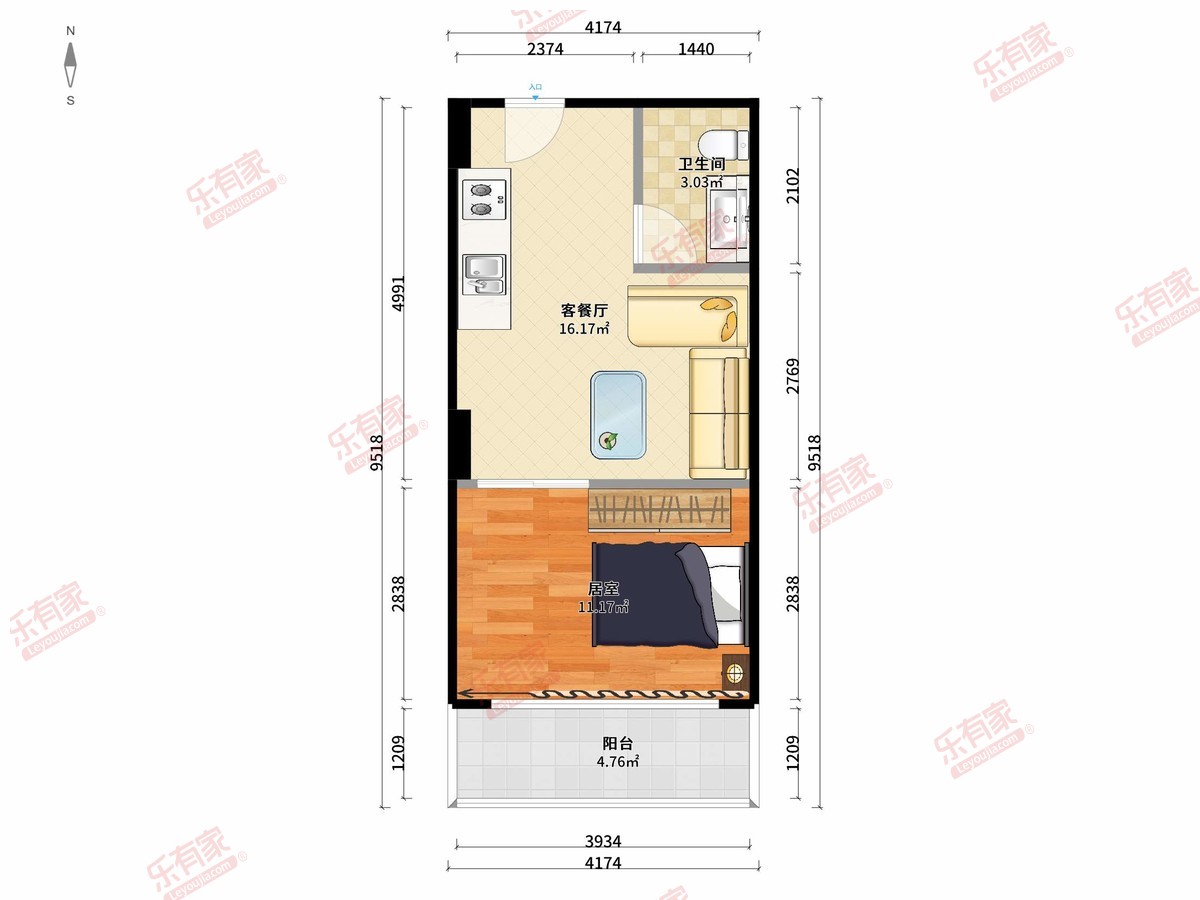 千会城 1房2厅1卫0厨1阳47.63m² 南