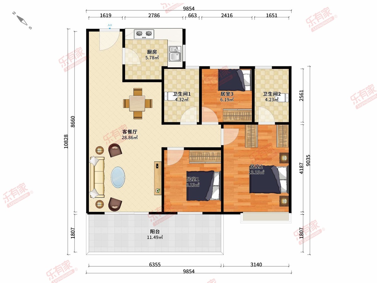 璞悦台102m²3房2卫