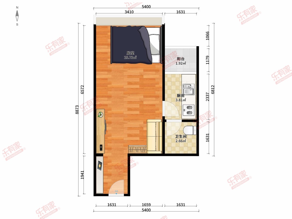 嘉尚国际公寓 1房0厅1卫1厨1阳44.64m² 西 1