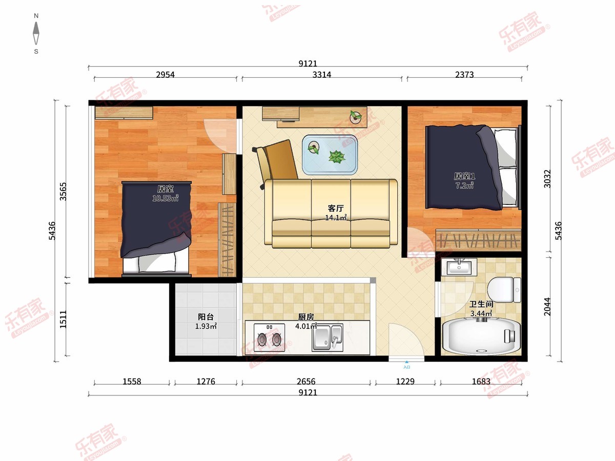 嘉尚国际公寓 2房1厅1卫1厨1阳54.69m² 西