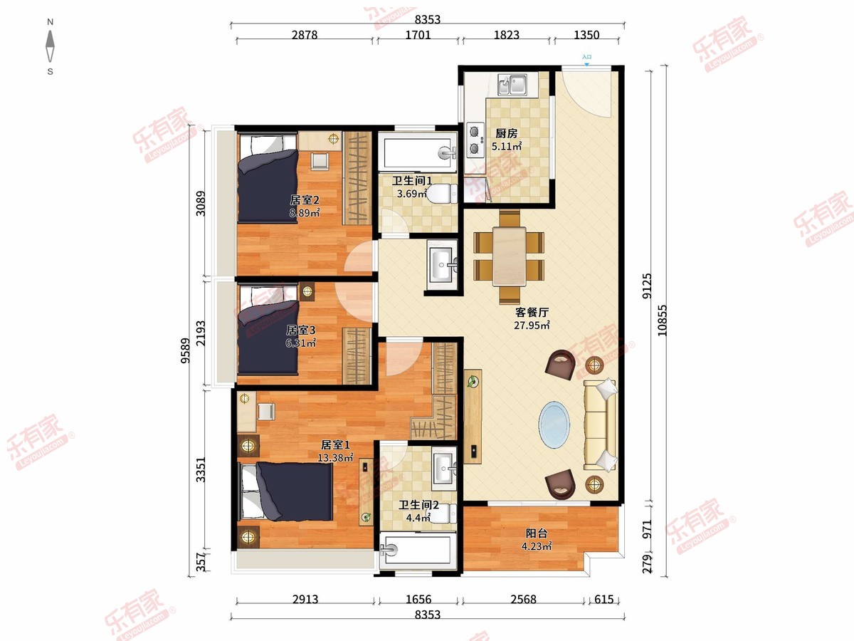 万科金色里程 3房2厅2卫1厨1阳90.0m² 南