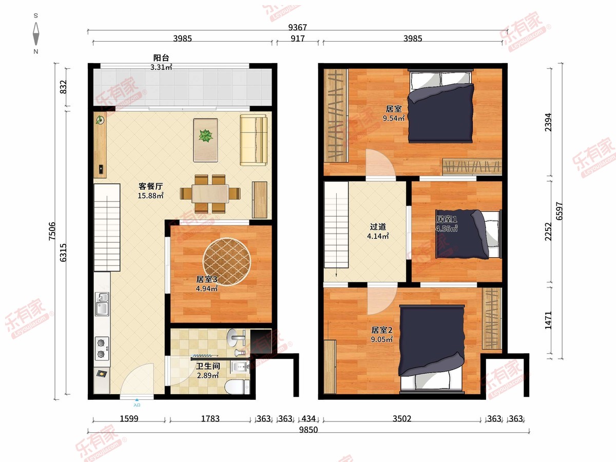敏捷动漫国际 4房2厅1卫0厨1阳55.31m² 南