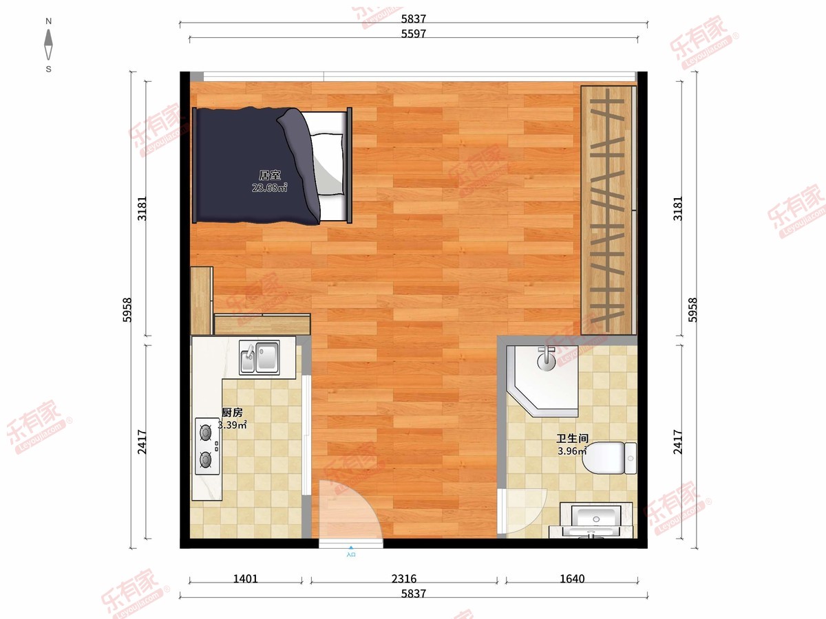 富驰大厦 1房0厅1卫1厨0阳40.0m² 南