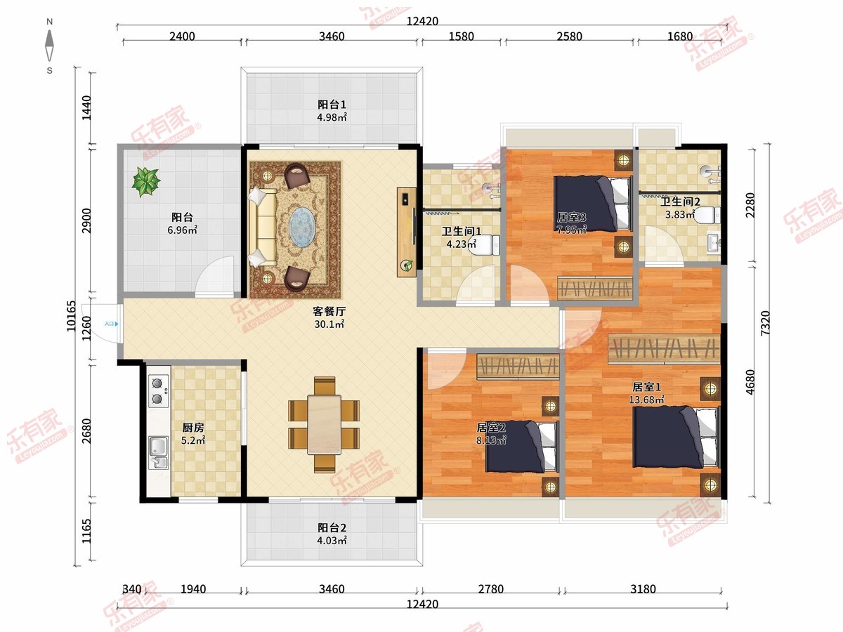 雅晟轩 3房2厅2卫1厨3阳110.2m² 南北