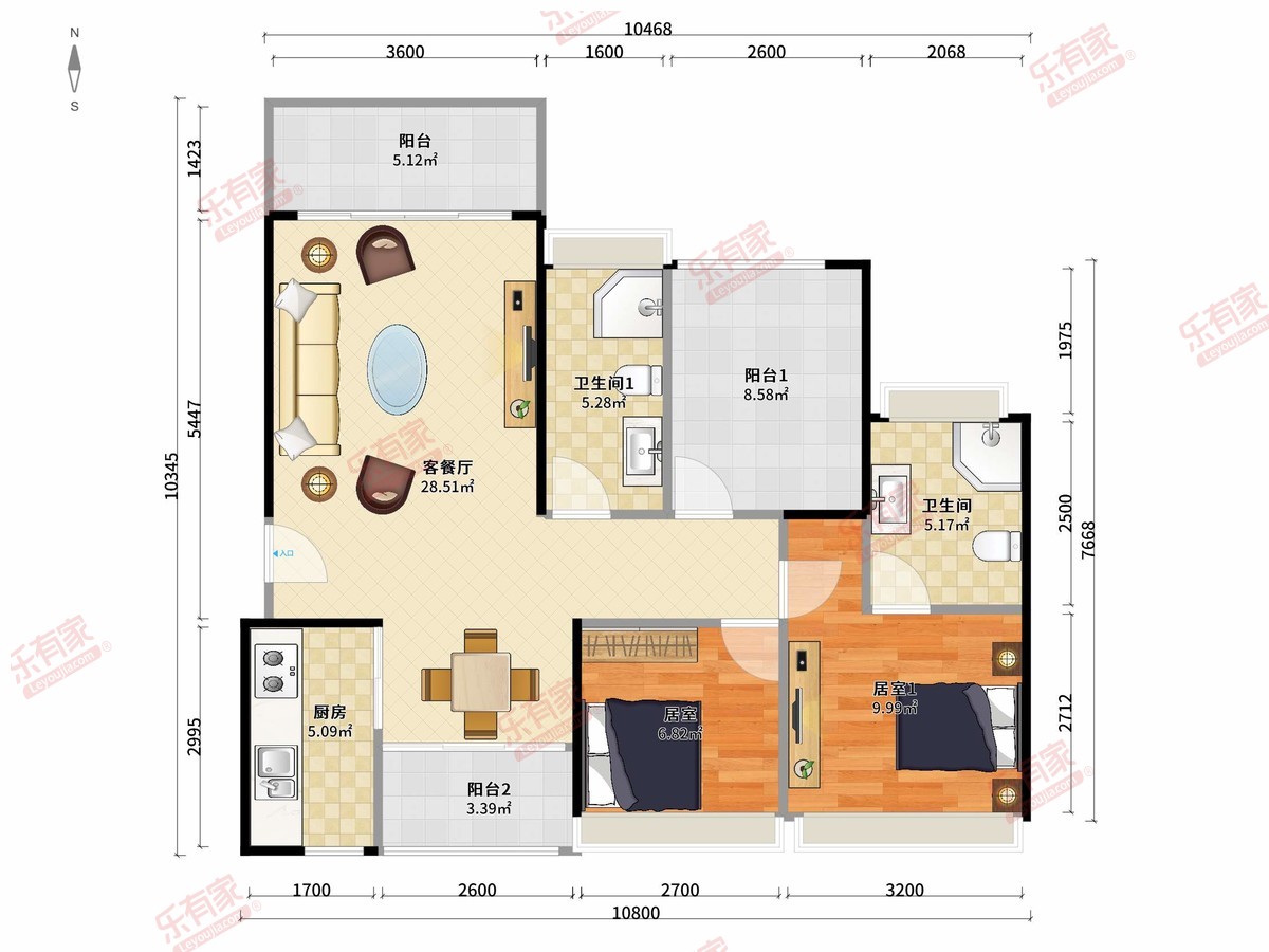 玉兰花园 2房2厅2卫1厨3阳88.0m² 南北