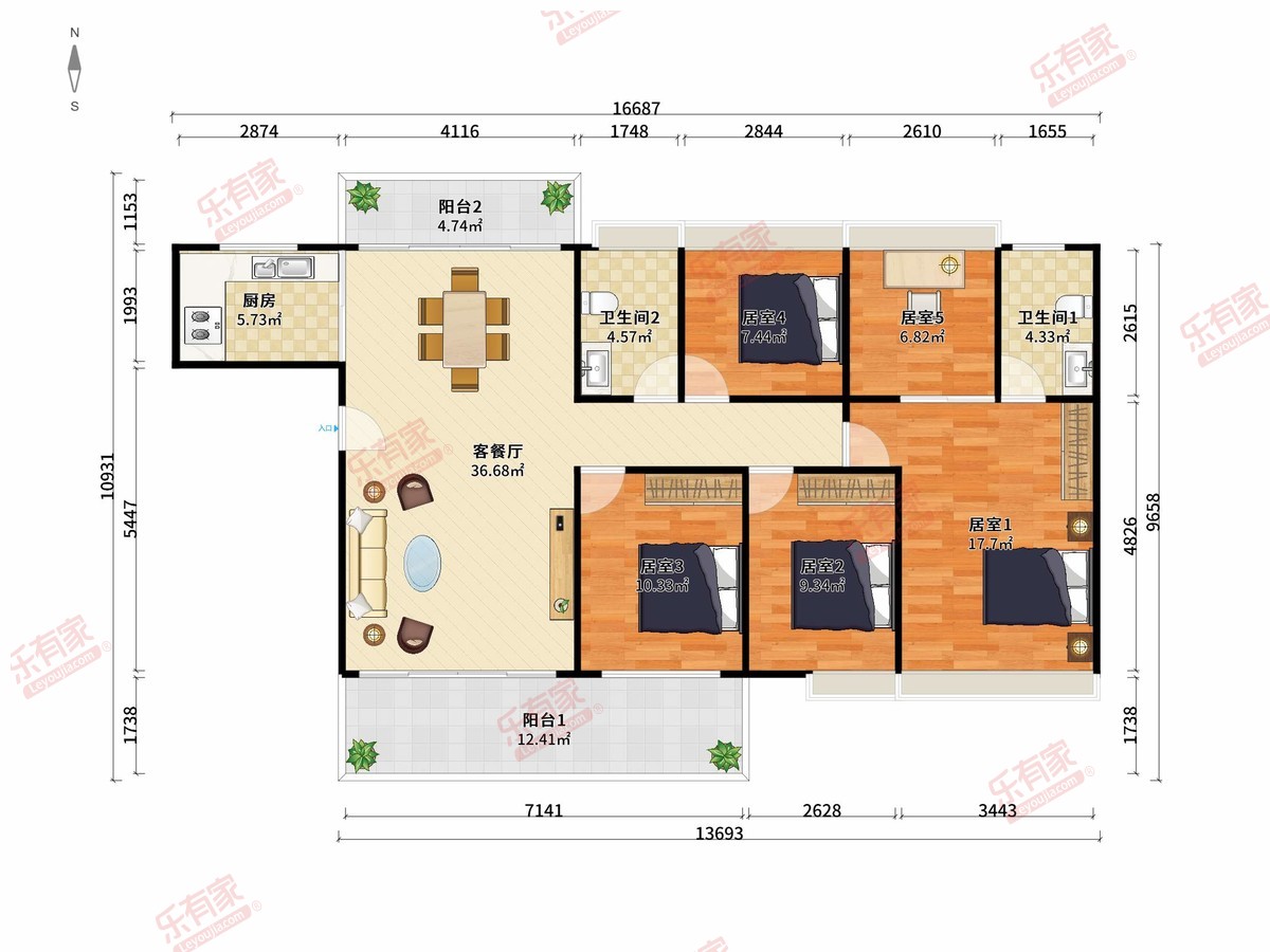 龙林西苑 5房2厅2卫1厨2阳149.0m² 南