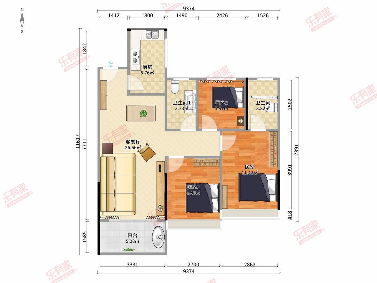 碧桂园骏鑫公馆 3房2厅2卫1厨1阳92.1m² 东