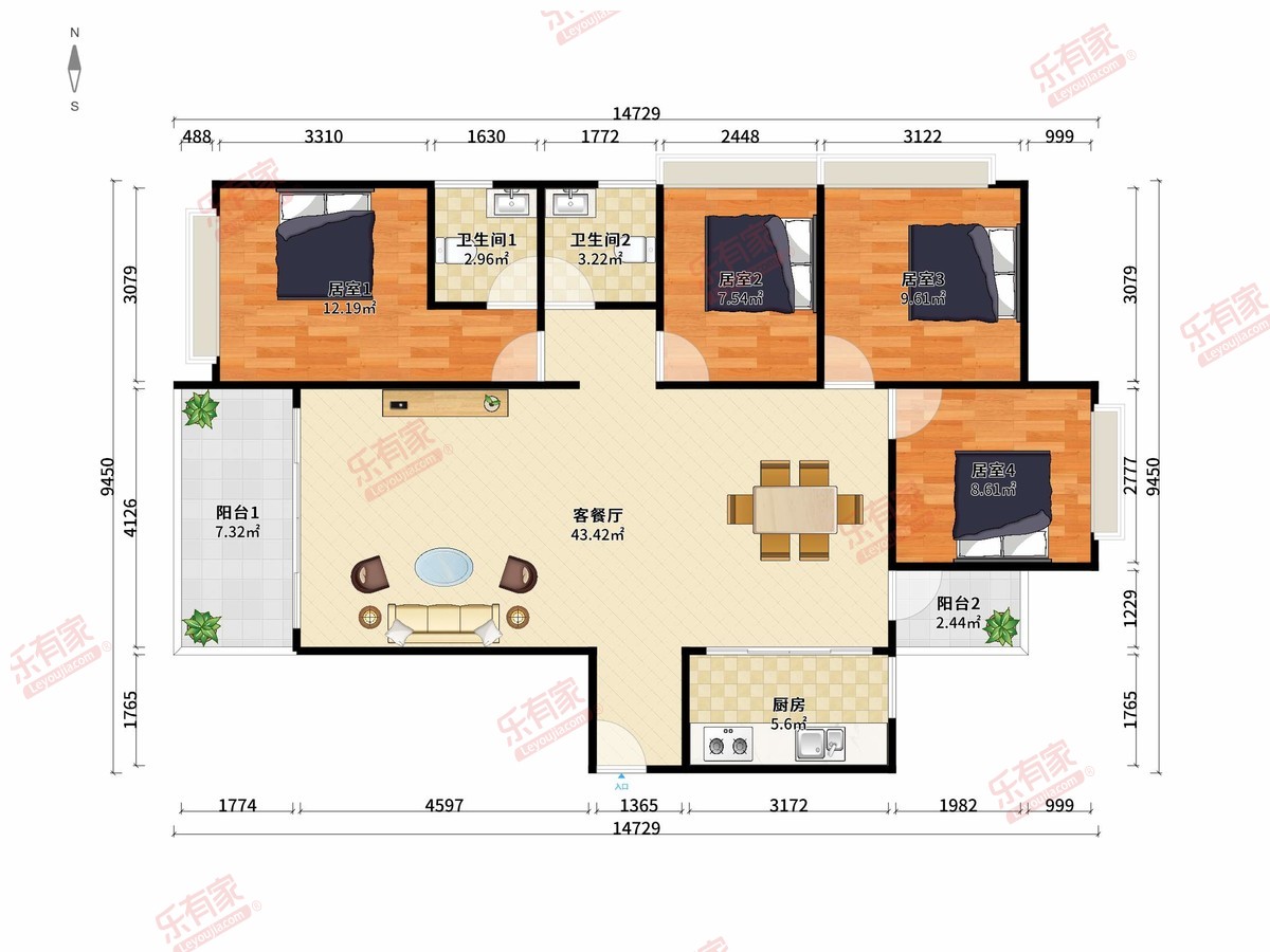 罗浮印象雅苑 4房2厅2卫1厨2阳124.0m² 南北