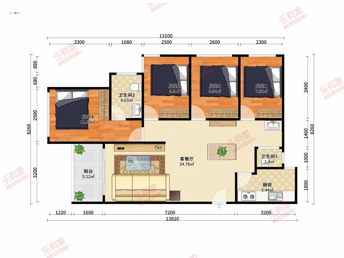笔架山公馆 4房2厅2卫 87.18㎡