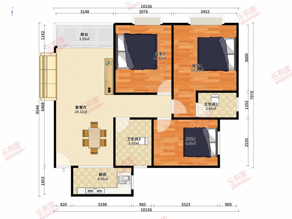 半山悦海花园 3房2厅2卫1厨1阳89.0m² 南 1