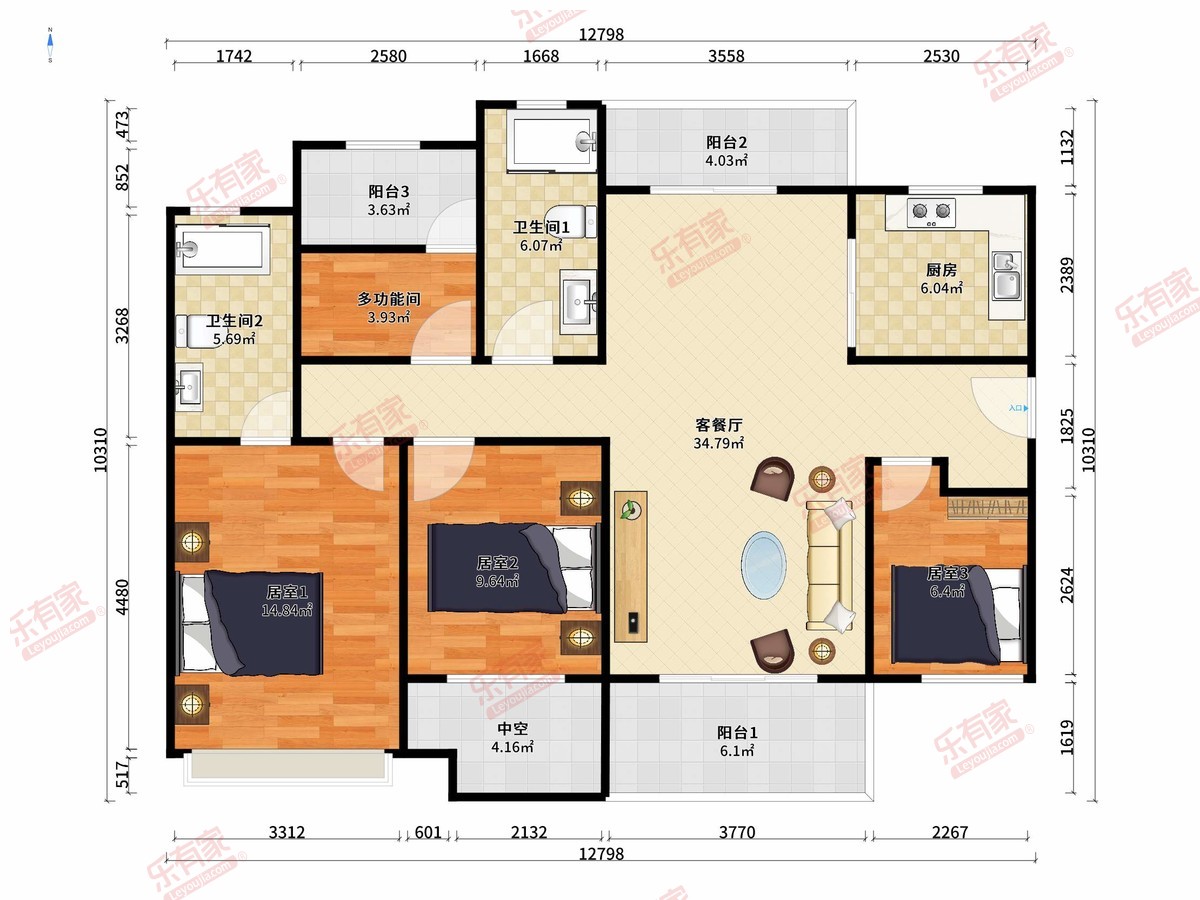 招商禹州云鼎 4房2厅2卫1厨3阳127.0m² 南
