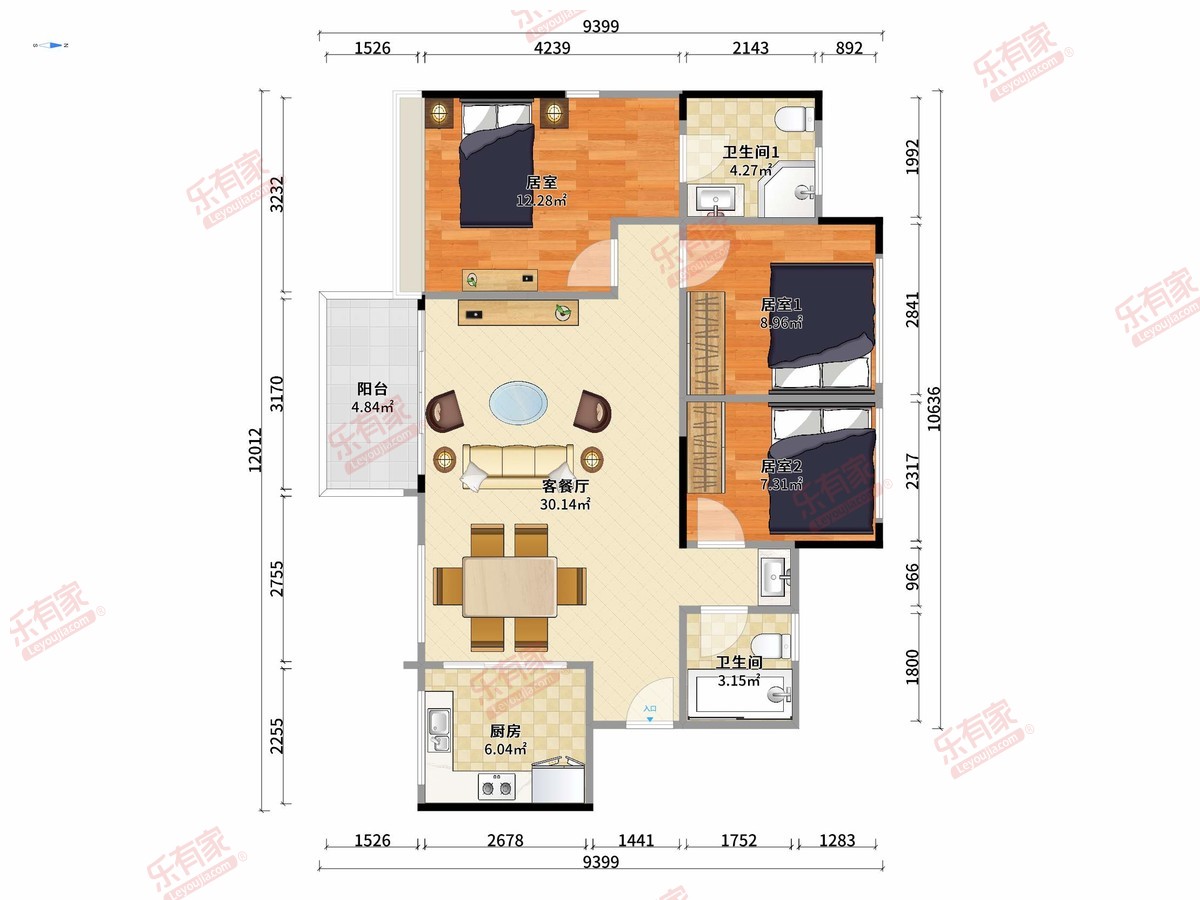 玖悦府 3房2厅2卫1厨1阳94.0m² 南