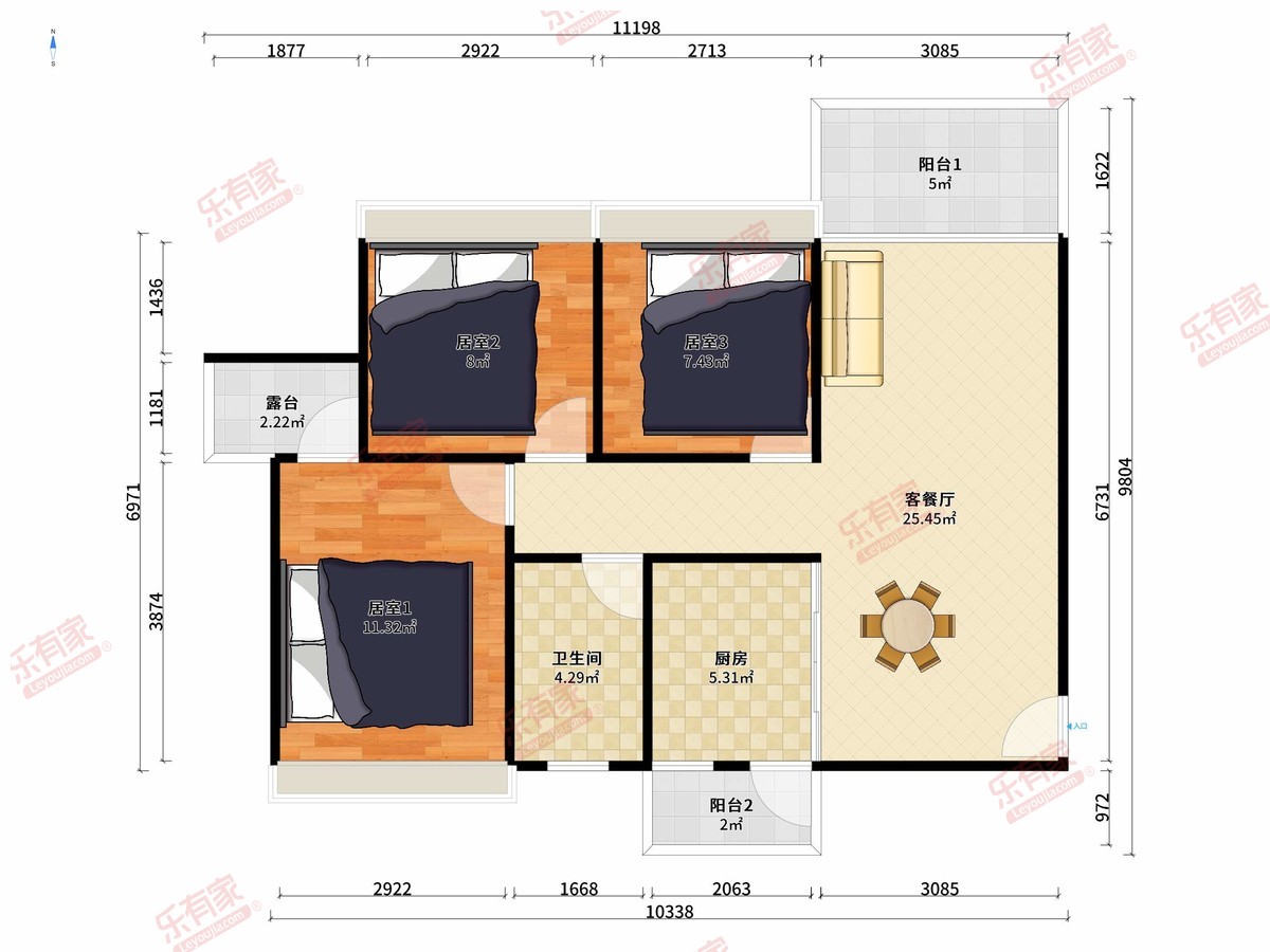 凯柏峰景商住小区 3房2厅1卫1厨3阳89.67m² 南