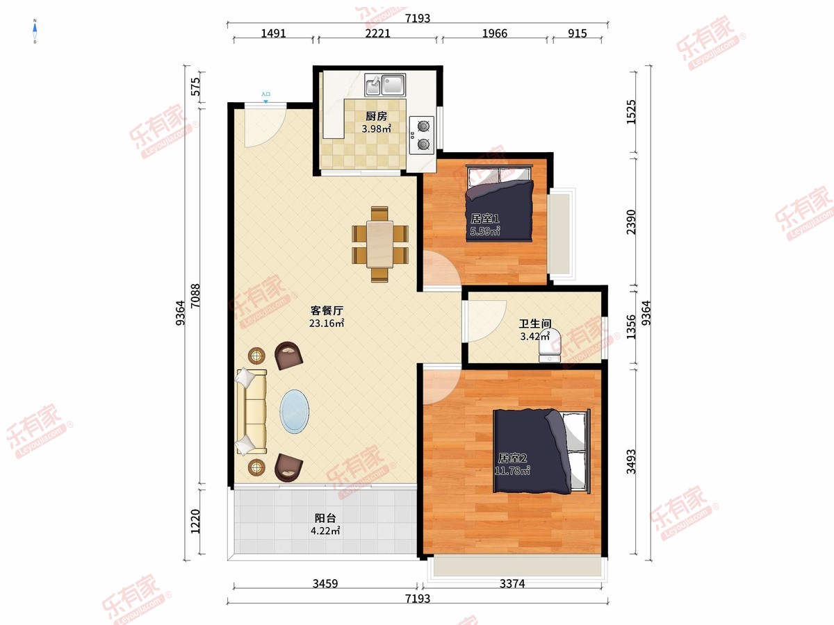 9、11栋02/03户73㎡2室2厅1卫1阳台
