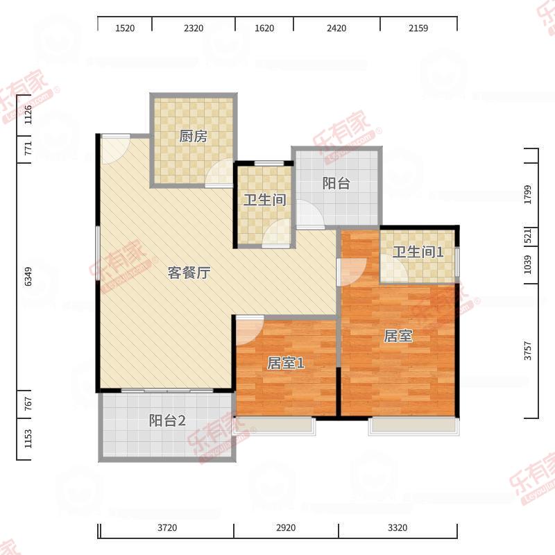 德兴华府 2房2厅2卫1厨2阳92.26m² 南