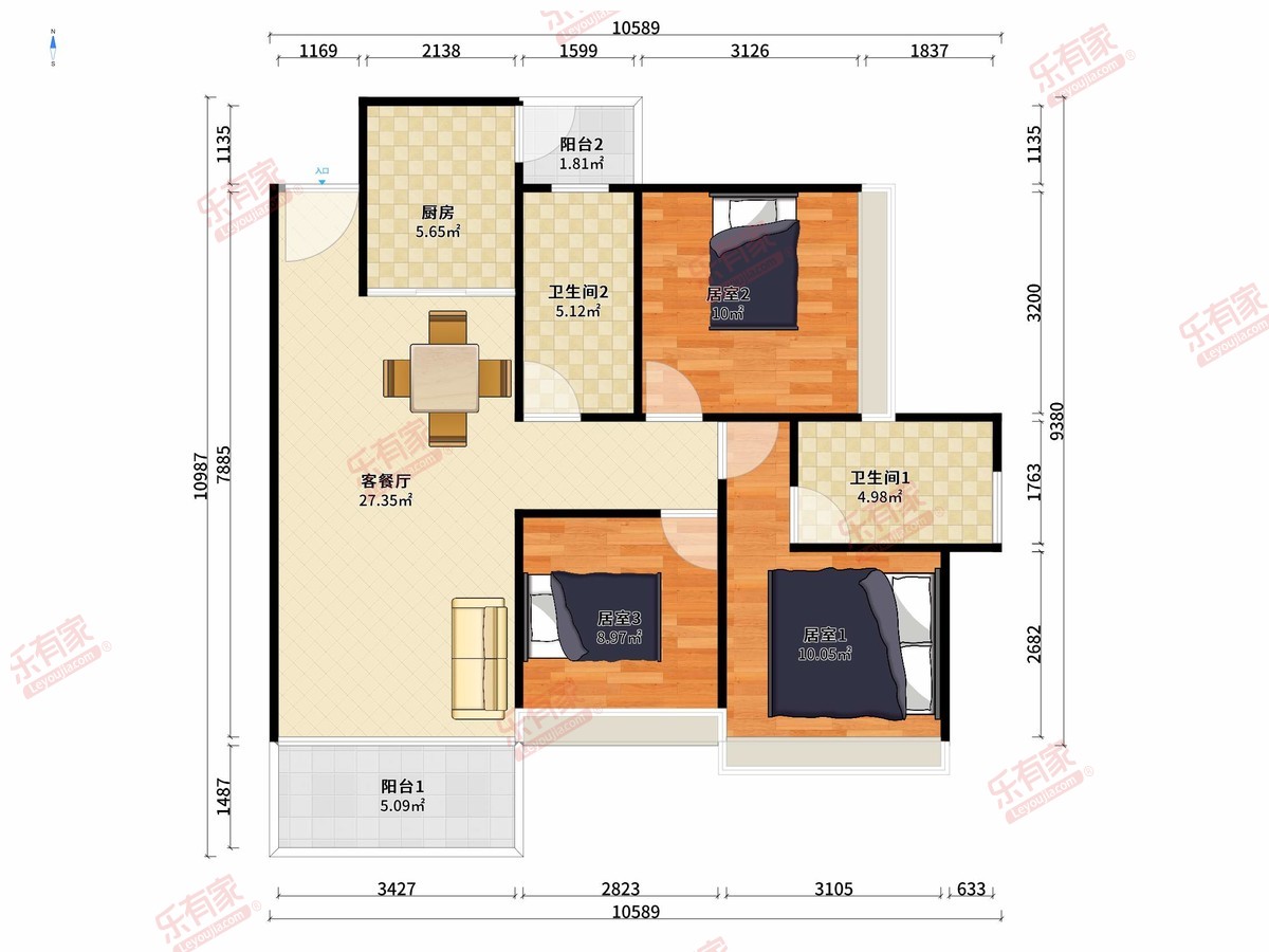 凯柏峰景商住小区 3房2厅2卫1厨2阳98.8m² 南