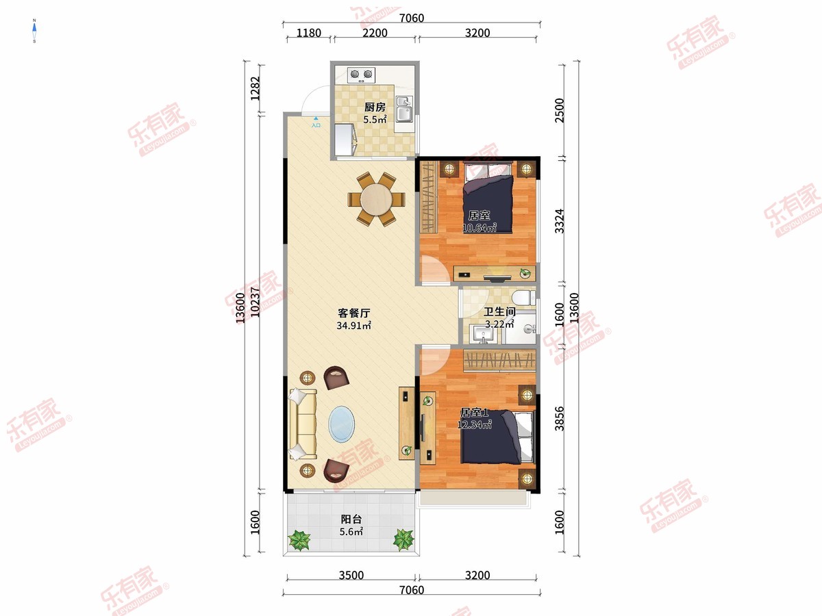力天山水豪庭 2房2厅1卫1厨1阳76.93m² 南