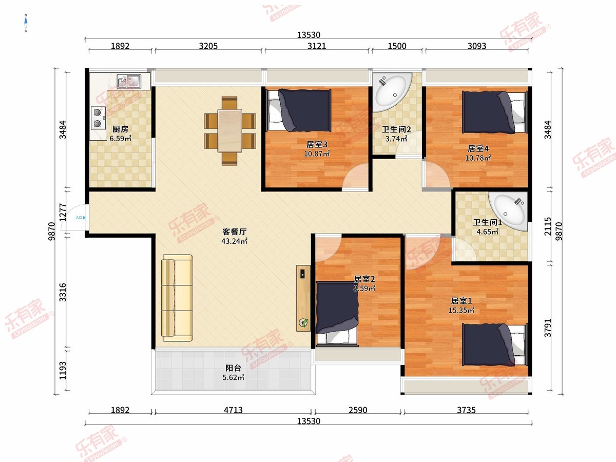 广银大都会 4房2厅2卫1厨1阳119.0m² 南北