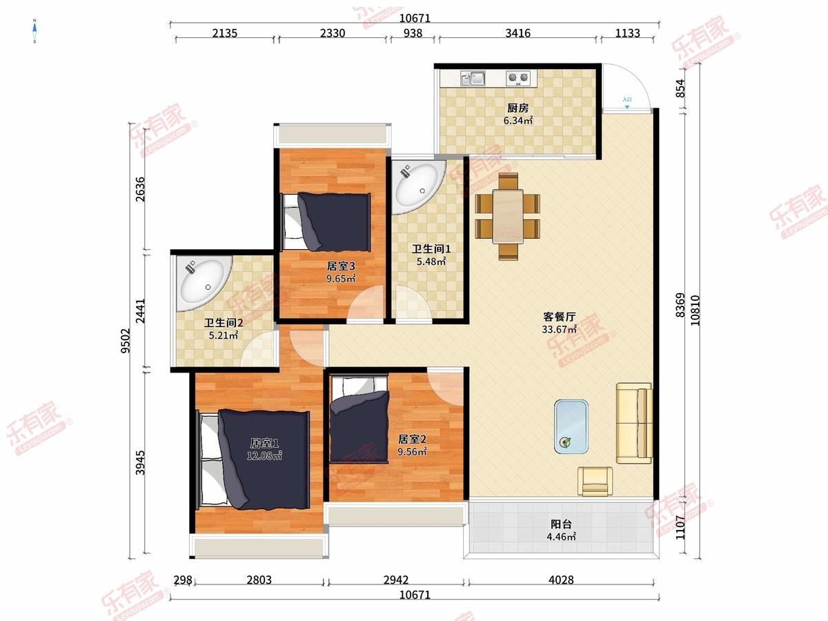 广银大都会 3房2厅2卫1厨1阳92.0m² 南