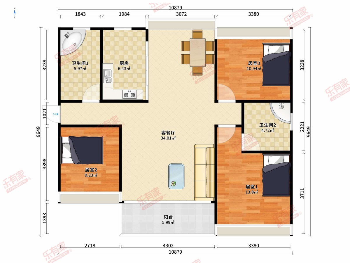 广银大都会 3房2厅2卫1厨1阳97.0m² 南北