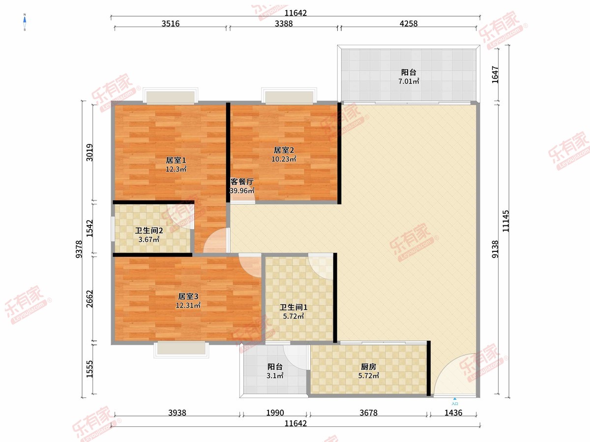 金凯乐花园 3房2厅2卫1厨2阳100.0m² 北