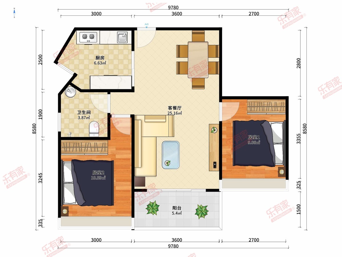 珑廷广场 2房2厅1卫1厨1阳70.0m² 南