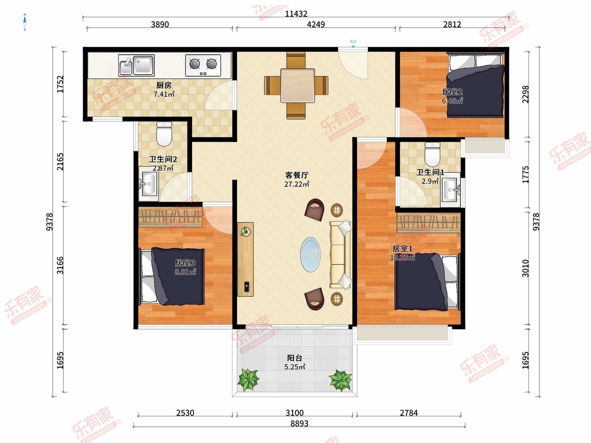 罗浮印象雅苑 3房2厅2卫1厨1阳88.0m² 南