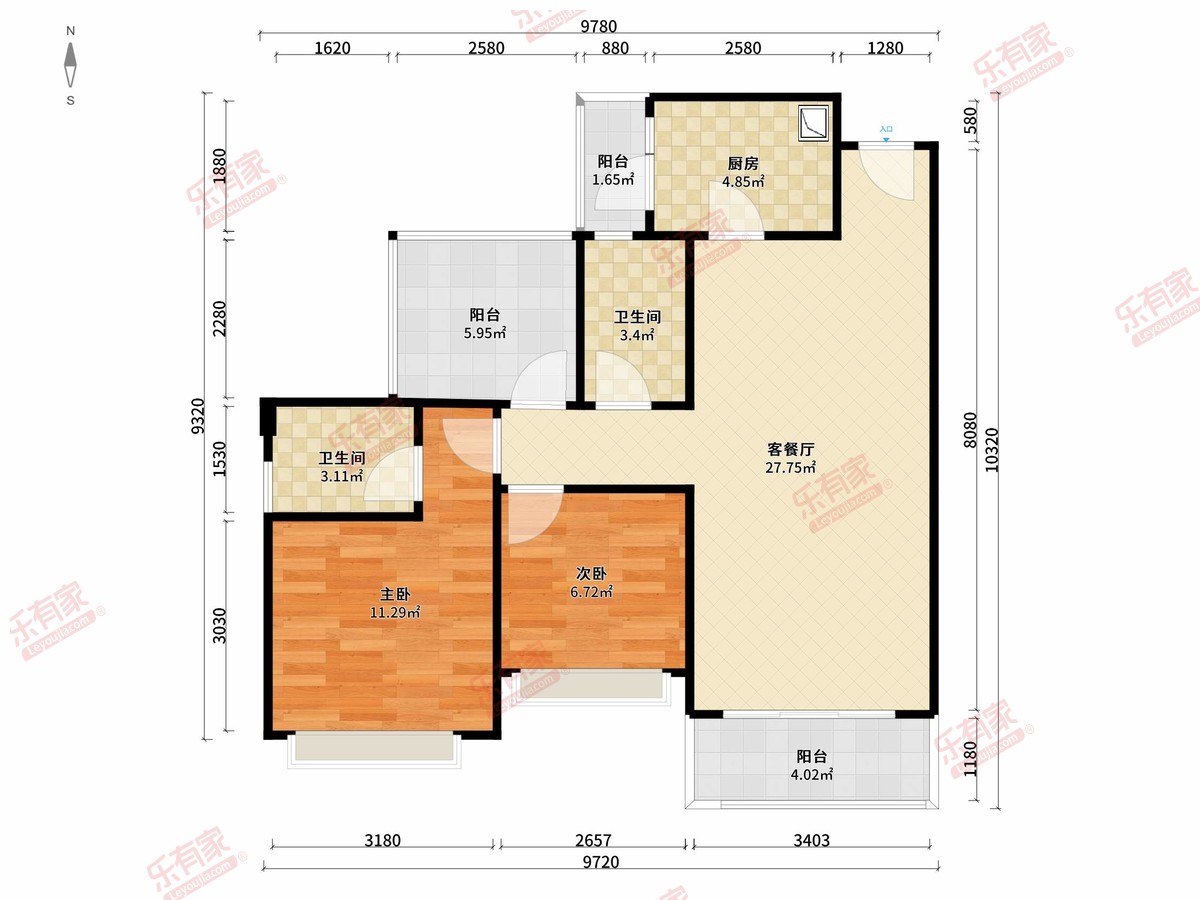 泽金城南春天 2房2厅2卫1厨3阳89.0m² 南