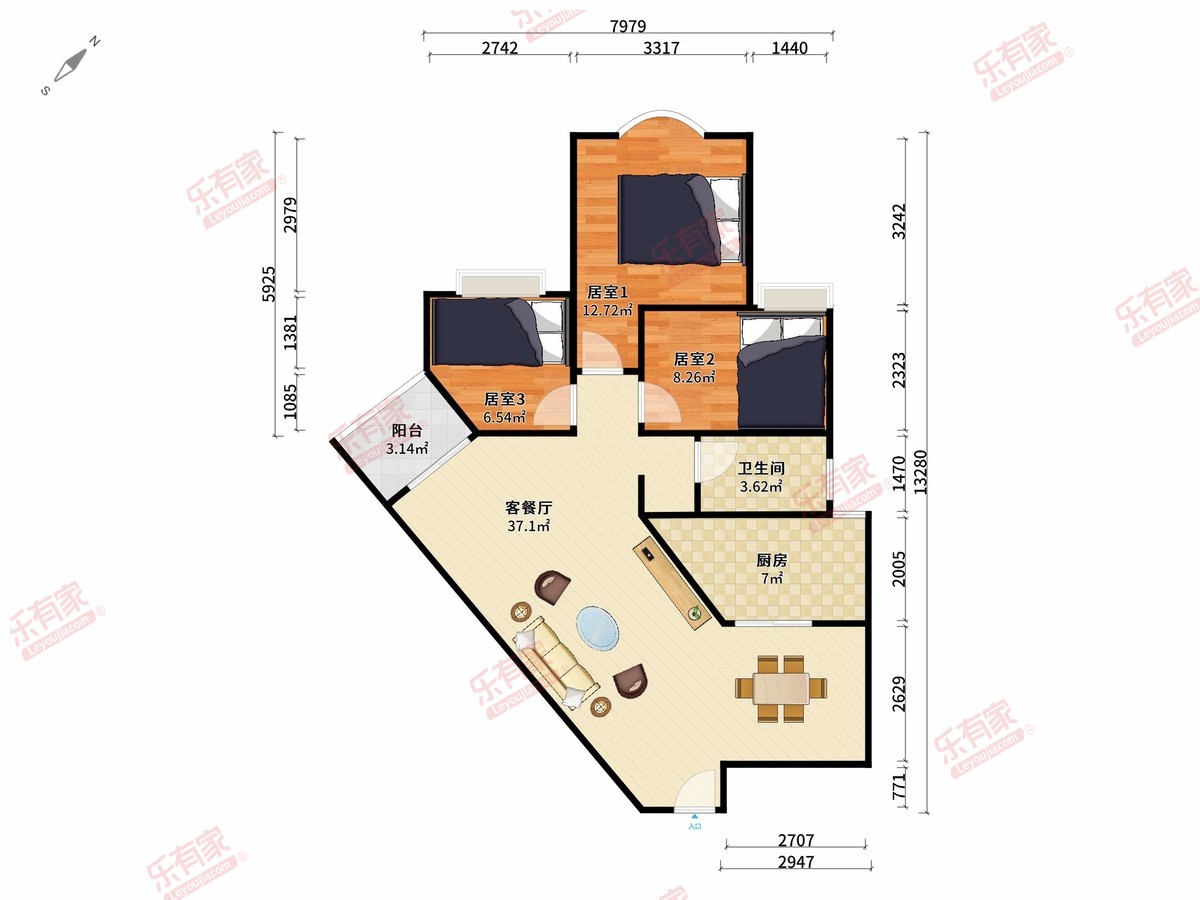 前海花园三期 3房2厅1卫 88.45㎡