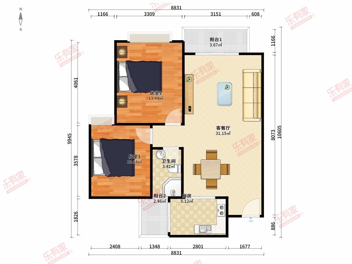 泽金城南春天 2房2厅1卫1厨2阳84.62m² 南 1