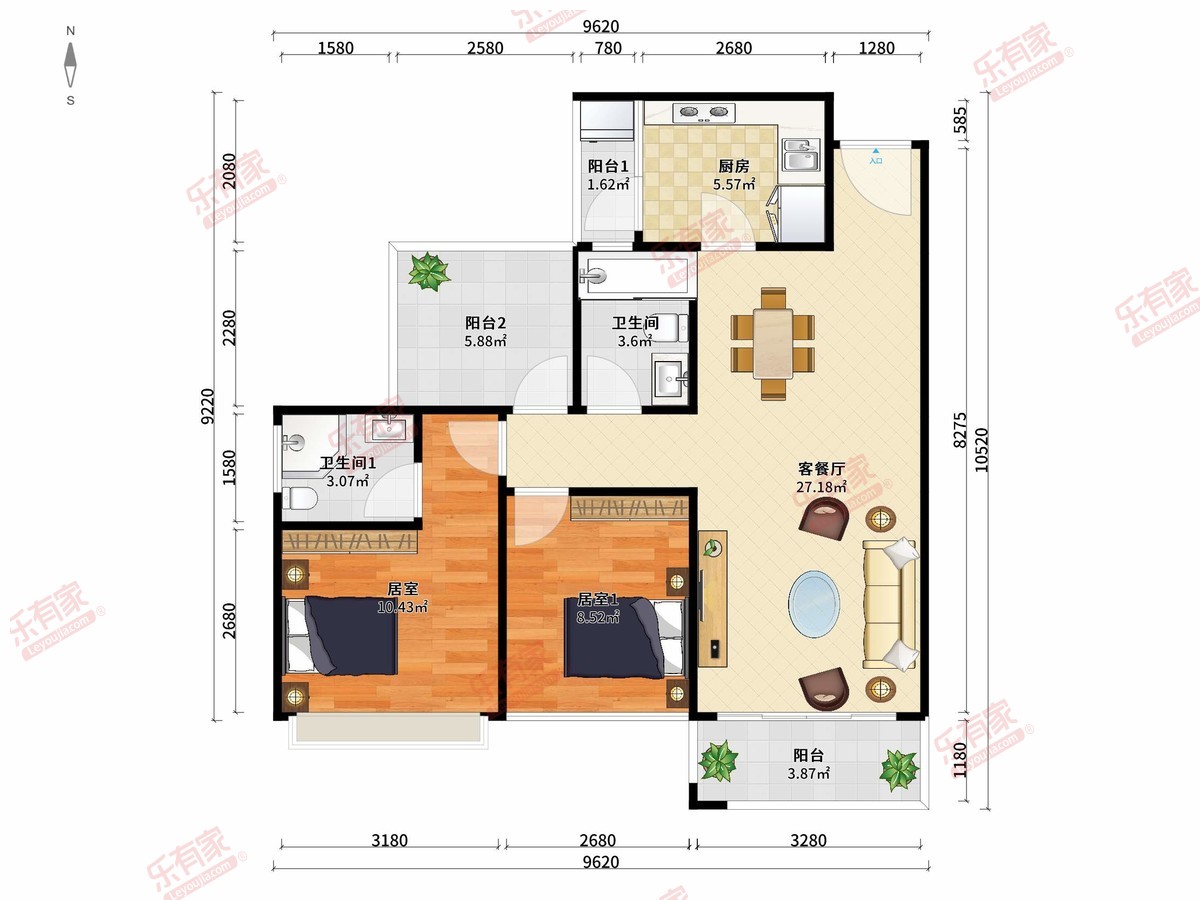 泽金城南春天 2房2厅2卫1厨3阳89.82m² 南