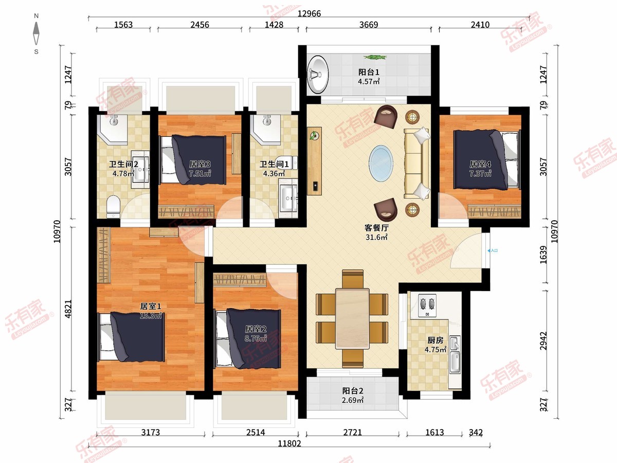 龙光天禧花园 4房2厅2卫1厨2阳110.0m² 南北