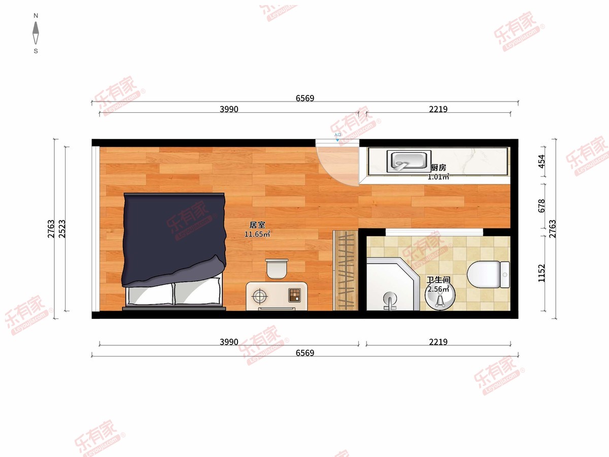 万象天汇广场 1房0厅1卫1厨0阳25.0m² 西
