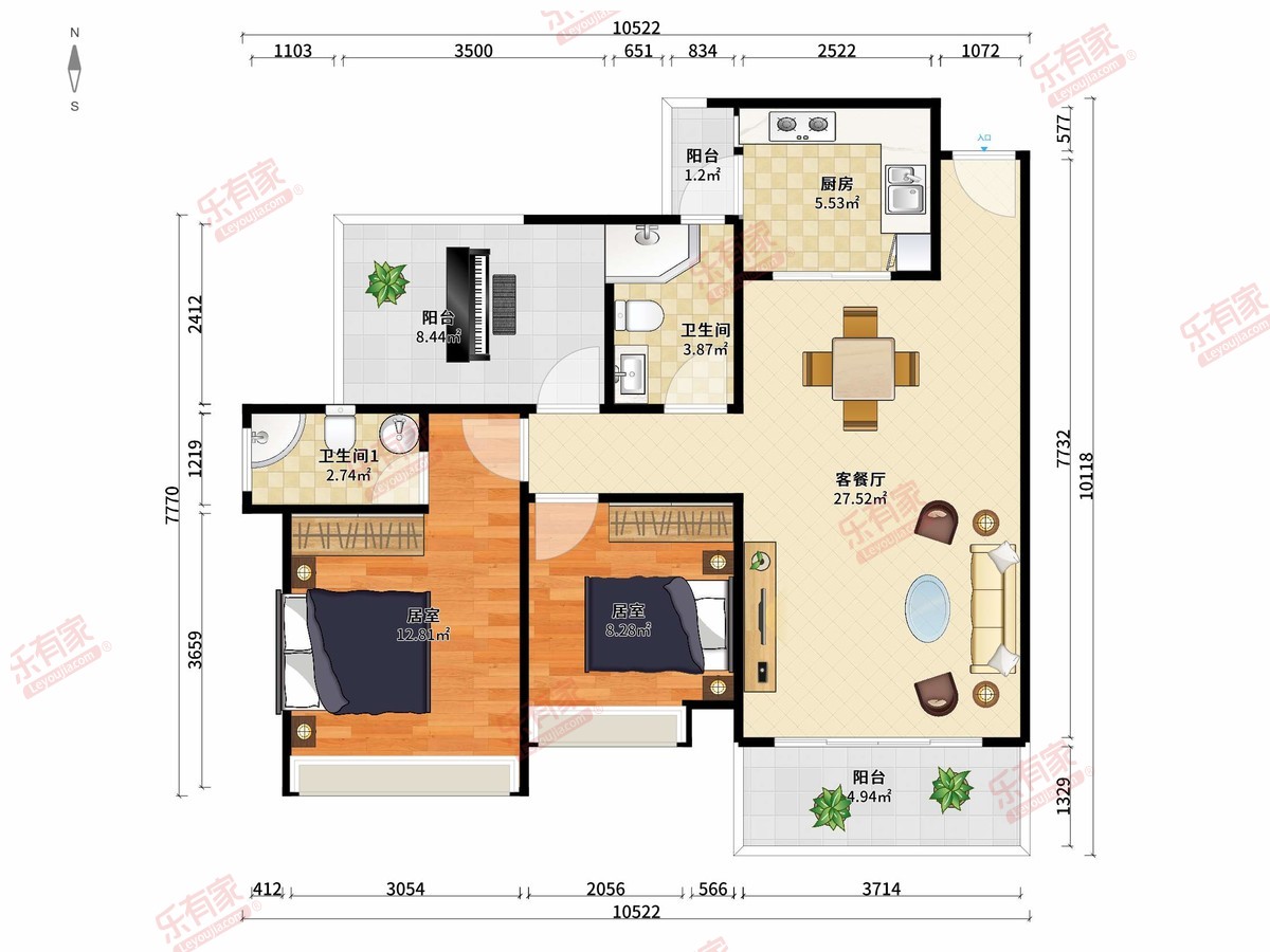 佳兆业时代·可园 2房2厅2卫1厨3阳97.0m² 南